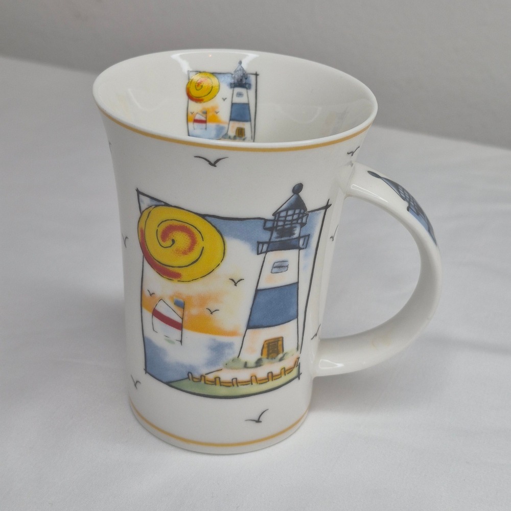 Bone China Lighthouse Nautical Coffee Mug Blue White Coastal Sailboat Sun